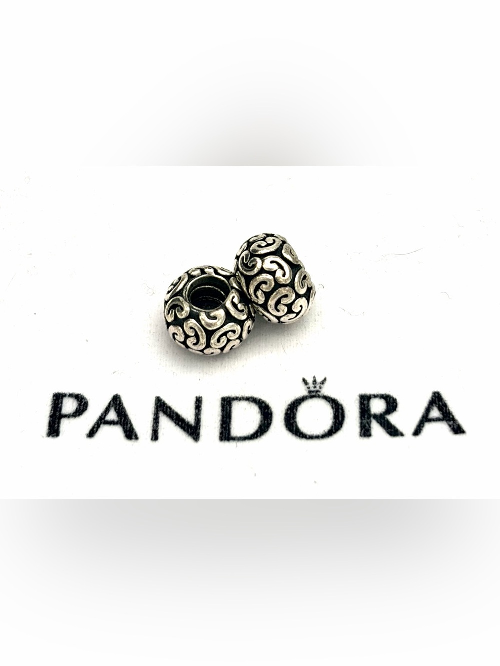 Pandora 925 Silver Scrollwork Spacer Beads - Silver and Black Detail - Oxidized